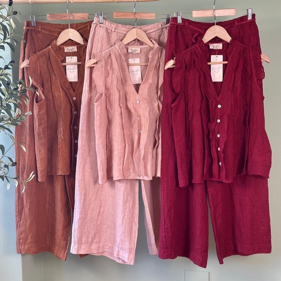 Puro Lino Sleeveless Ruffled Linen Top and Linen Pants Set - Picture 1 of 6